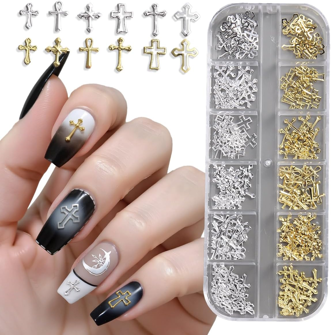 Fspronail Nail Piercing Charms, Black Silver Charms for Nails Metal Punk Goth Charm Cross Stud Rivet Spike Ring Piercing Jewelry Manicure Supplies Y2K Decoration DIY Craft (Silver Black 2)