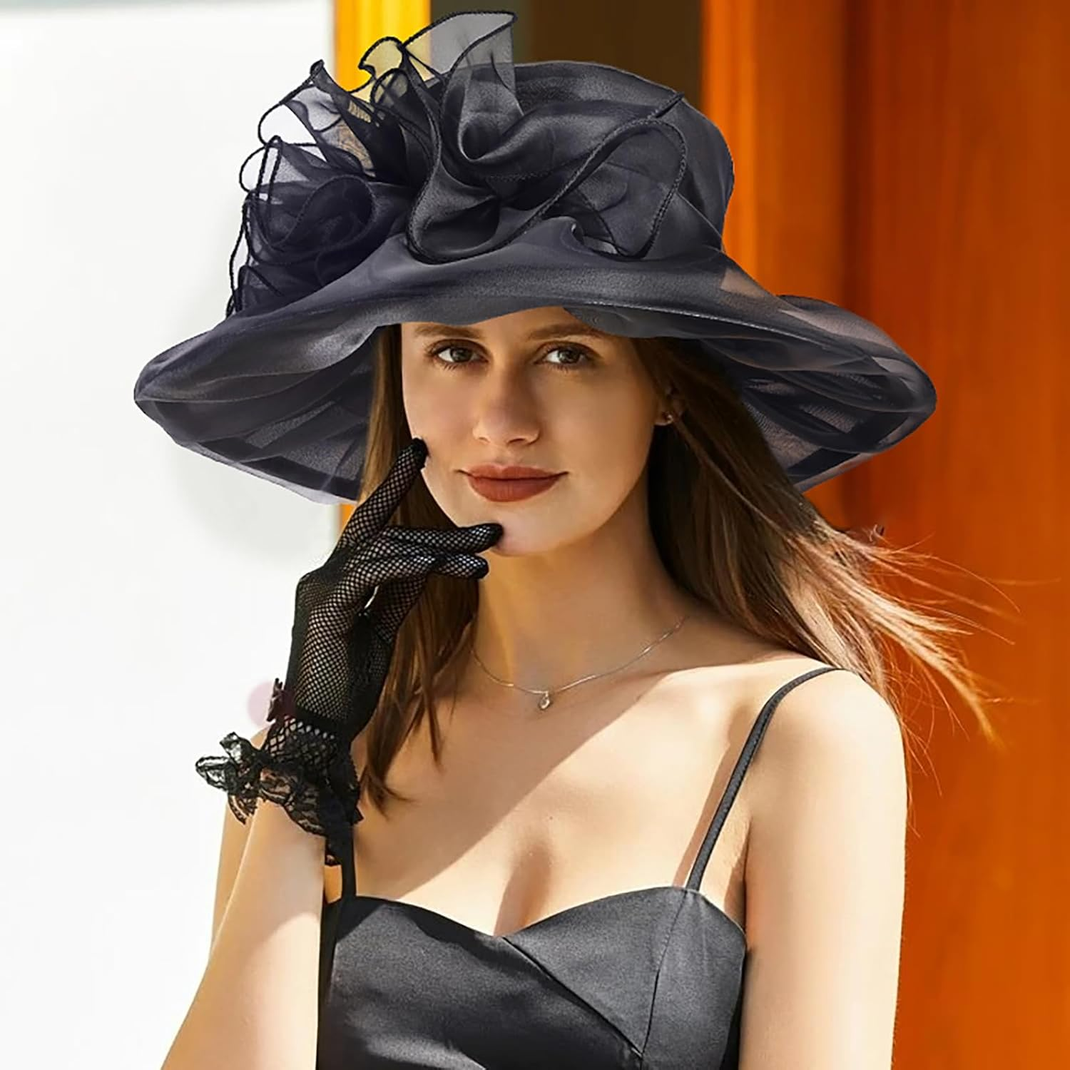 2025 Wide Brim Floral Sun Hat Church Hats for Women Ladies, Organza Feather Racecourse Horse Race Day Fascinator Hats for Tea Party Wedding UV Protection image number 2