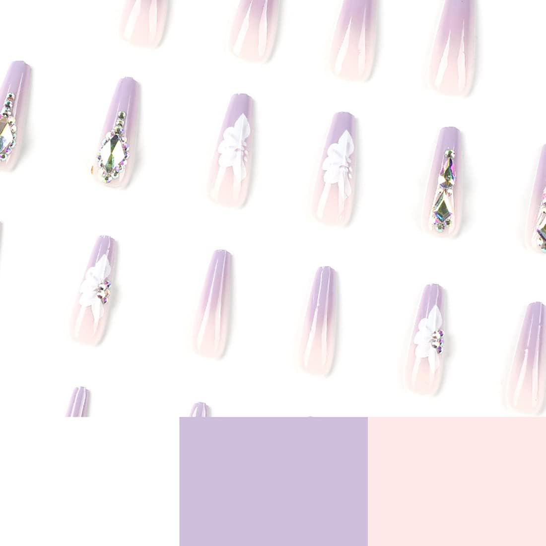 24Pcs Light Purple False Nails Long Coffin Shaped Ballet Fake Nails with Rhinestone Flower Pattern Design French Fake Nails for Women and Girls Nail Tips image number 1
