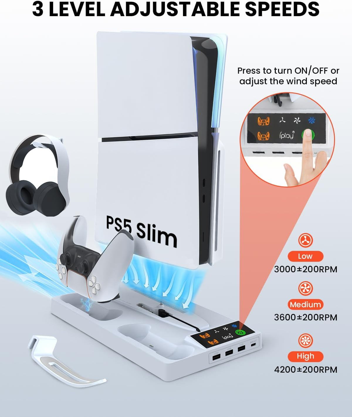PS5 Slim/Pro Cooling Station Stand with Cooling Fan & Dual Controller Charger &ndash; Vertical Cooling Fan Base for PS5 Slim/Pro Disc & Digital, 3-Speed Adjustable, 3 USB Hub, Fast Charging