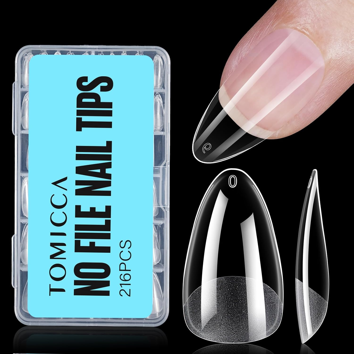 TOMICCA Long Almond Shaped Nail Tips, 240PCS Half Matte Soft Gel Tips, No File Needed, Full Cover False Nails, Clear Acrylic & Strong Tip for Press on Extension - 12 Sizes