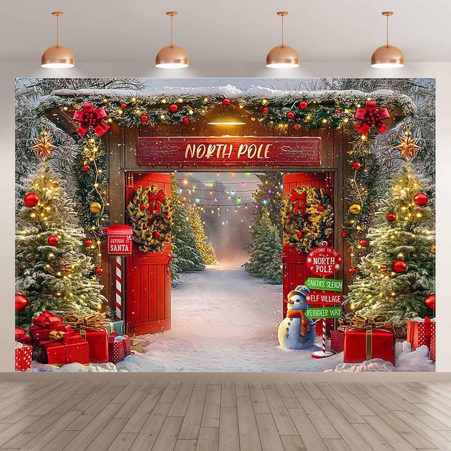 Christmas Backdrop,7X5Ft Xmas North Pole Barn Door Theme Background Photography for Merry Christmas New Year Family Holiday Party Supplies Photo Pictures Banner Studio Decor Booth Props image number 3