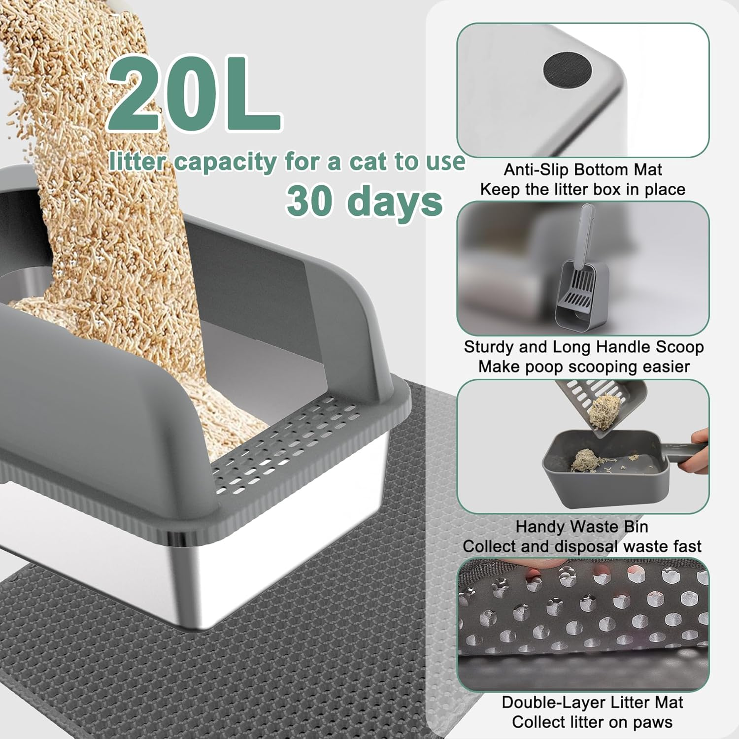 Fafargeen Stainless Steel Litter Box with Lid, Metal Litter Box High Sided anti Leakage, Kitty Box Rust Free Non Sticky, Dark Grey Steel Odor Control L image number 5