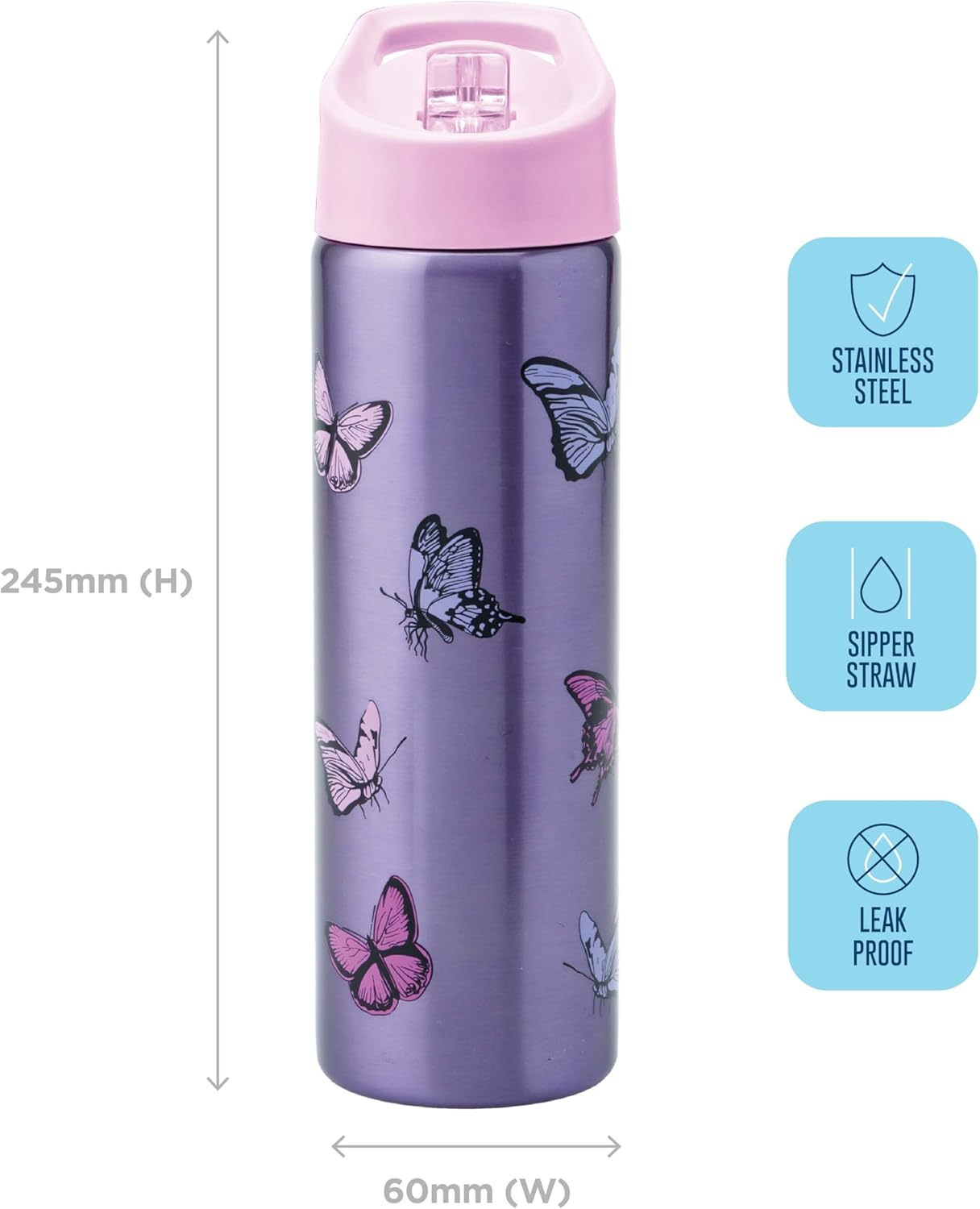 Smash Stainless Steel Drink Bottle with Flip Top Lid and Straw - Butterfly 750Ml Purple image number 2