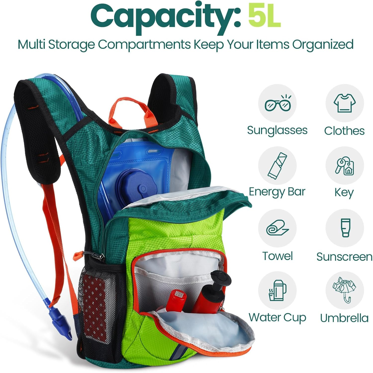 Kids Hydration Backpack with 1.5L Water Bladder Hiking Backpack Lightweight for Boys or Girls Children Biking Climbing Running Cycling - Green image number 2