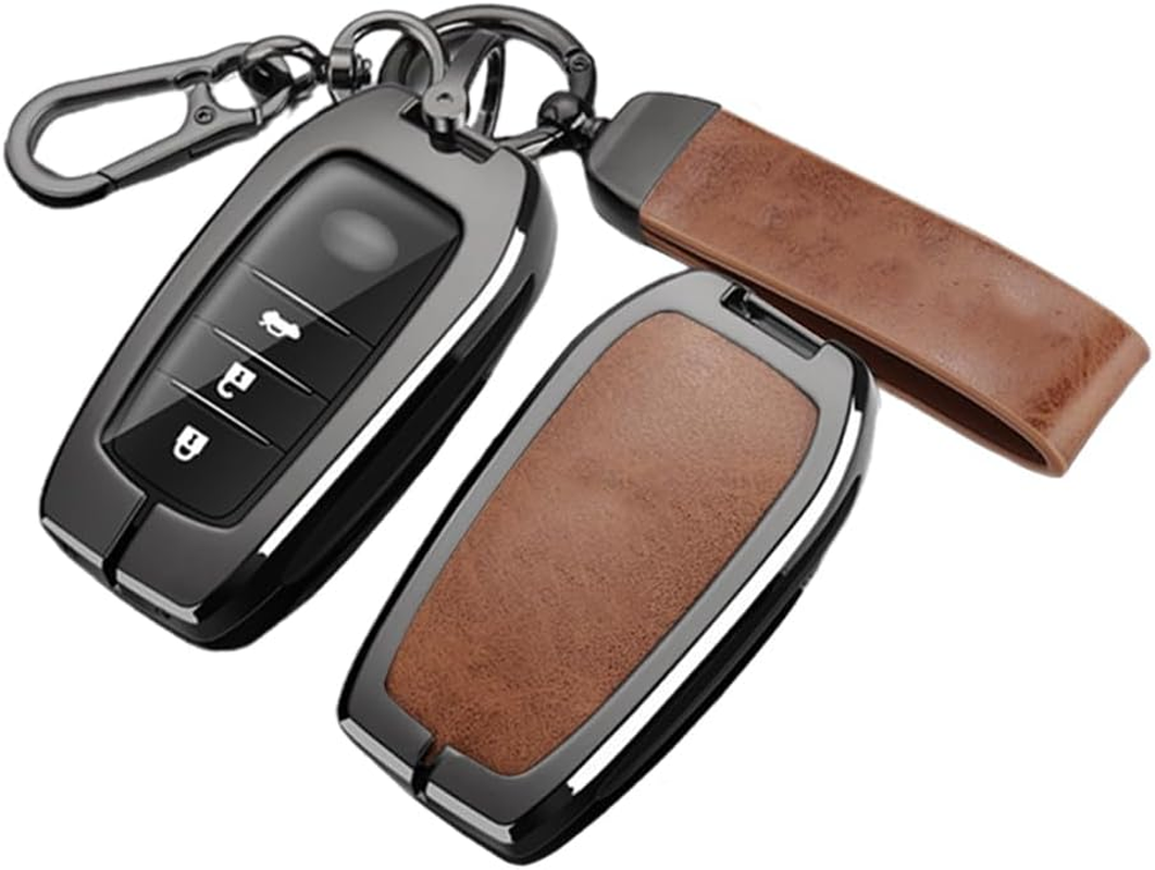 Ontto Alloy Leather Car Key Fob Cover Fit for Toyota Land Cruiser 200 300 Prado Crown TLK 200 Yaris Cross Hilux Innova Fortuner Smart Key Holder Case Keyring Shell Bag Keychain Accessories