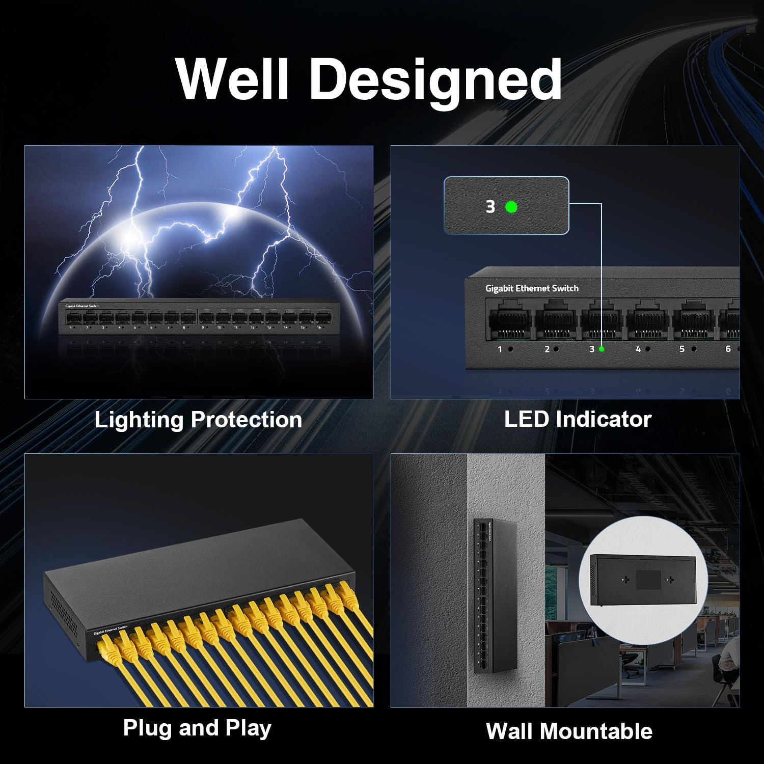 Mokerlink 16 Port Gigabit Ethernet Switch, Fanless Metal Rack Mount Unmanaged Plug and Play Network Switch image number 2
