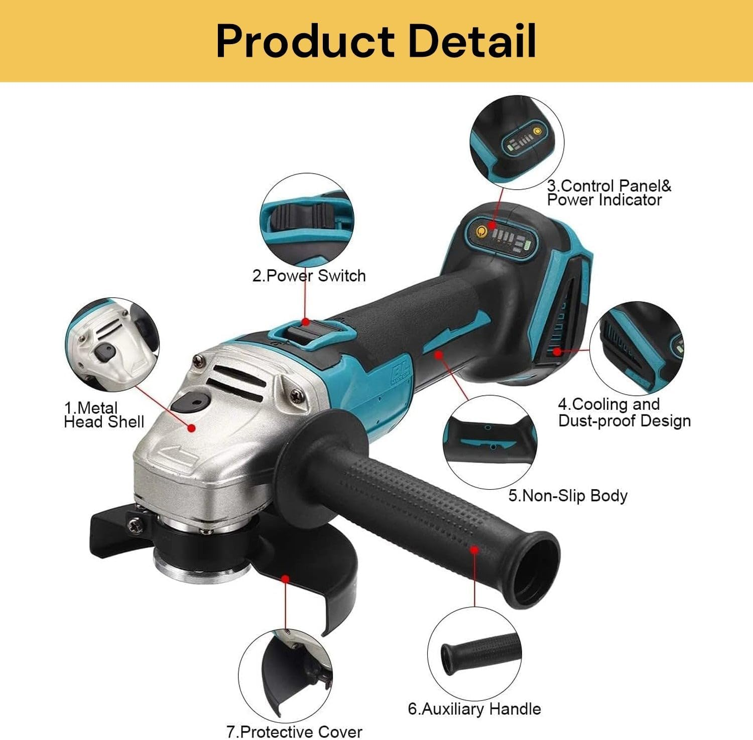 EZONEDEAL Multifunction Cordless 18V Brushless Cordless Angle Grinder 125Mm Cutting Polishing Compatible with 18V Polisher Battery image number 3