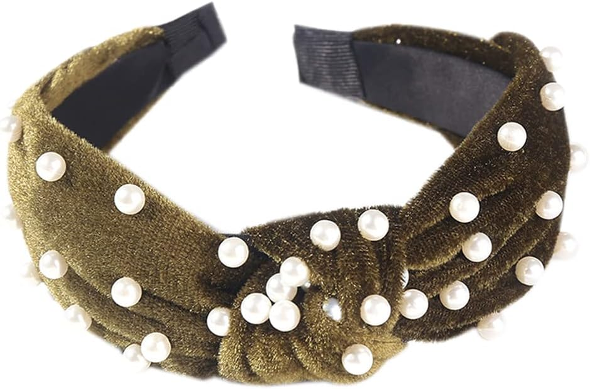 Wide Alice Bands Bow Knot Fabric Hair Bands Knotted Hair Bands Elastic Fabric Hair Scarf 1920S Accessories for Women (Cashew12De) - Pearls12De image number 4