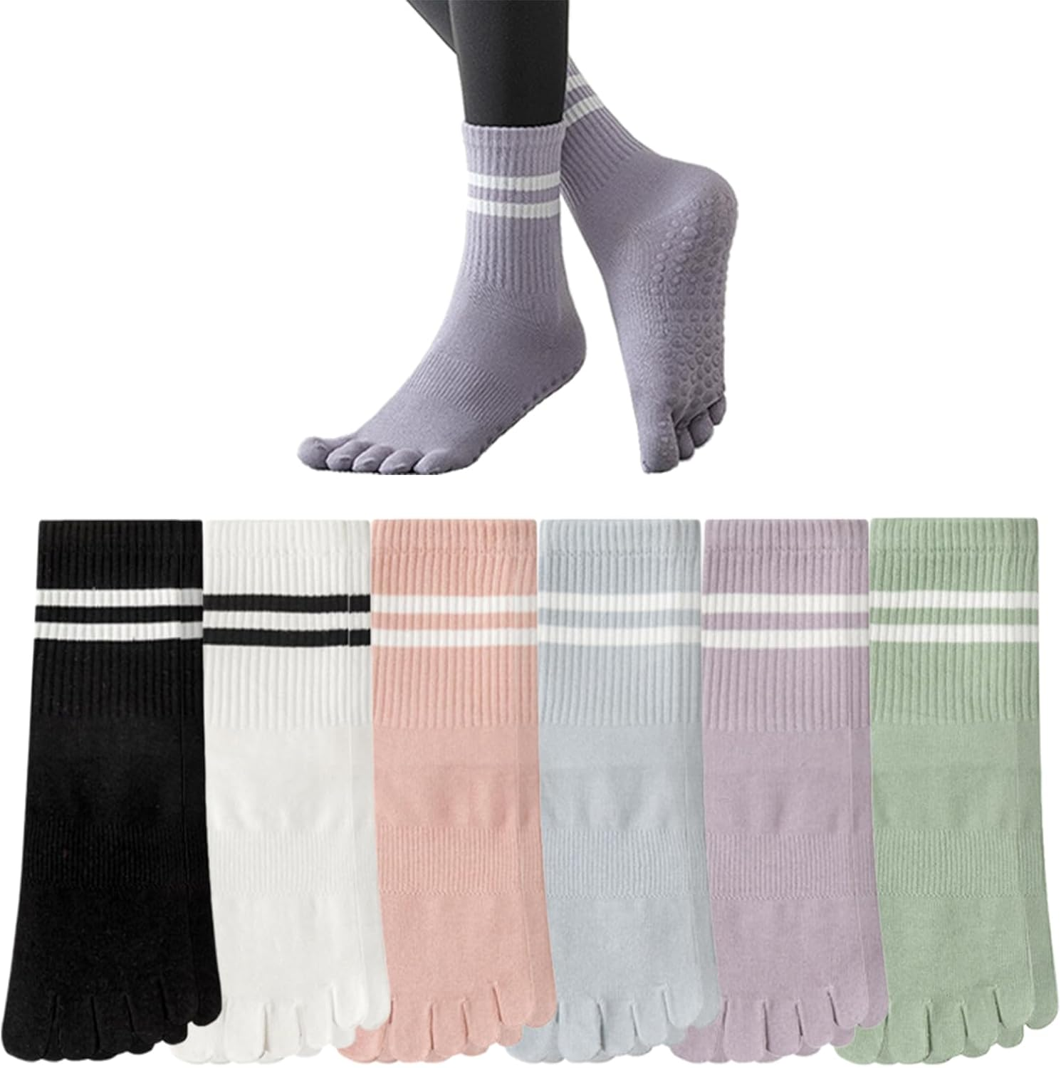 Dress Cici Half Crew Cotton 5 Toe Yoga Pilates Grip Socks for Women with Strips on Cuff (6 Pairs) image number 4