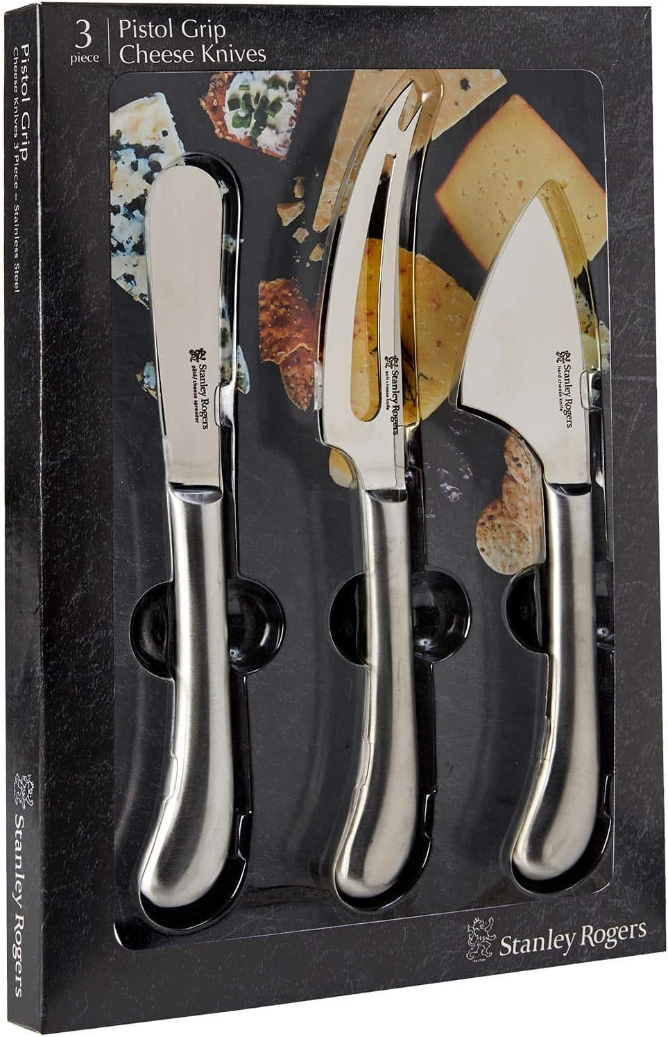 Stanley Rogers Pistol Grip Stainless Steel 3 Piece Cheese Knife Set with Soft and Hard Cheese Knives and Spreader in Gift Box, Satin Handle and Mirror Polished Blades image number 1