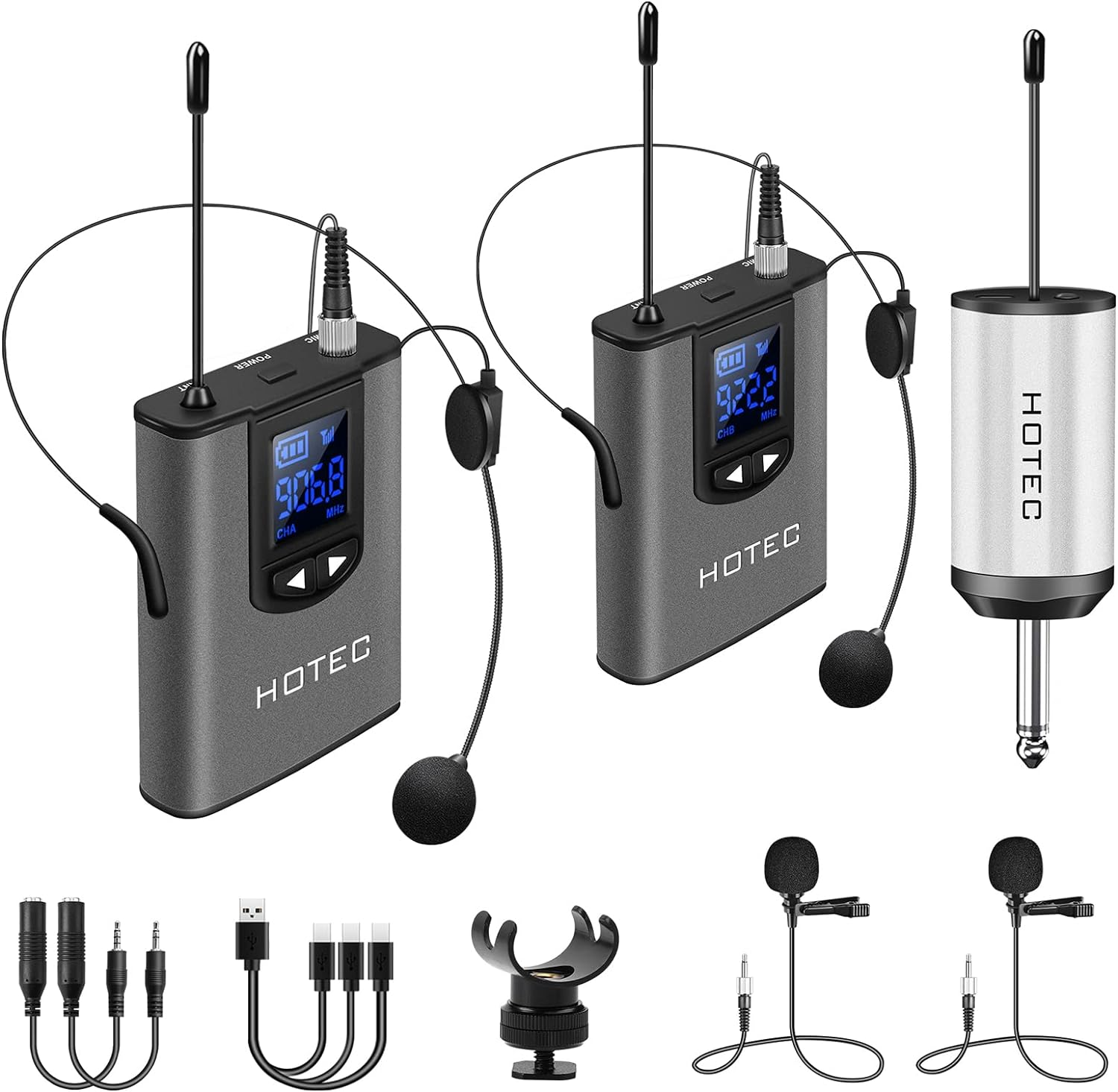 Hotec Wireless System with Dual Headset Microphones/Lavalier Lapel Mics and Bodypack Transmitters and One Mini Rechargeable Receiver 1/4" Output, for Live Performances image number 5