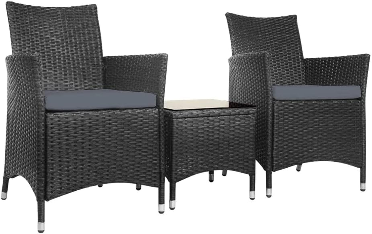 Gardeon 3Pcs Wicker Patio Furniture, Bistro Set Table and Chairs Outdoor Lounge Setting Conversation Sets Dining Chair Garden Backyard, Cushion with Rattan Coffee Table Black Glass Tabletop image number 3