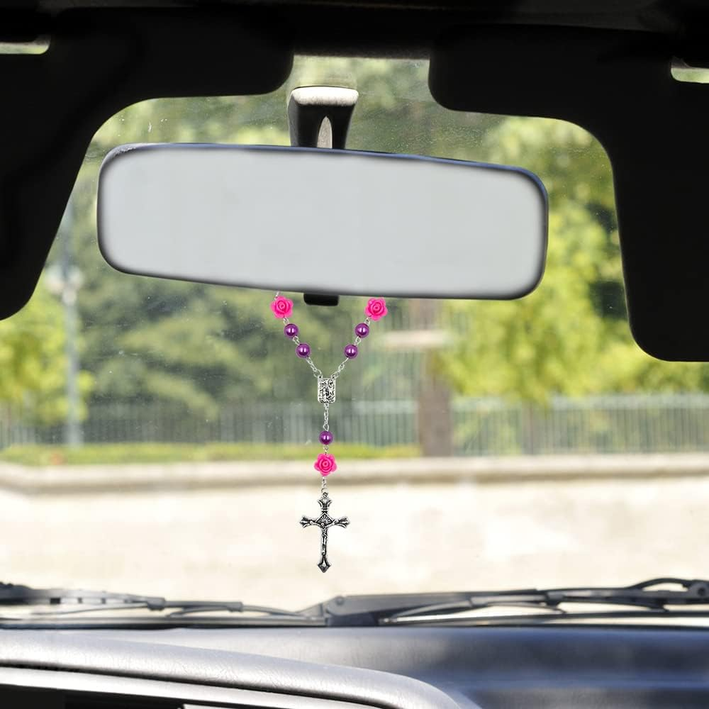 4 Pcs Car Rosary for Rearview Mirror, Rosary Beads Catholic Cross Blessing Hanging Accessories Car Medal Rearview Mirror Pendant(4 Colors) image number 6