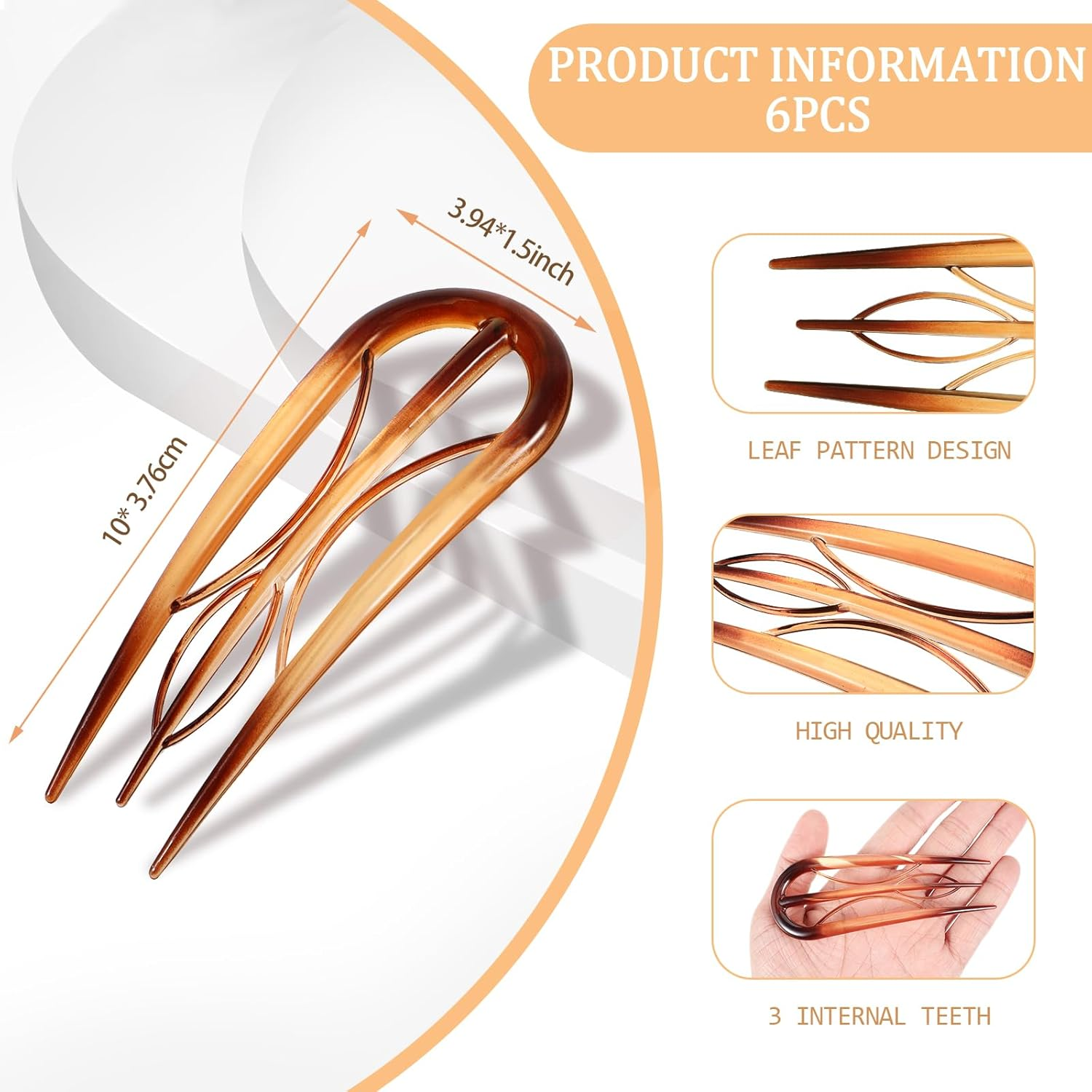 Pack of 6 U-Shaped Hair Pins, French Hair Clips, Large Resin Double Insert U-Shaped Hair Clips, Vintage Hairpin Clip for Women Styling Hair Accessories, Christmas Gifts, Hair Styling Aids image number 5