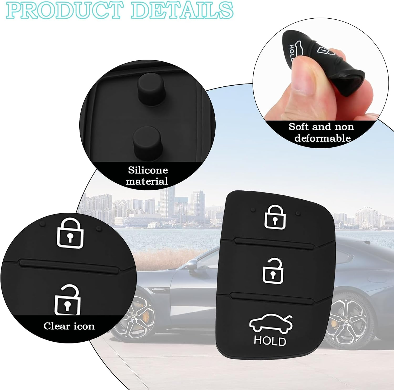 2 Pack 3-Button Rubber Key Pads Key Fob Case for Hyundai I10 I20 I30 IX35 Ix45,Black,Bonlaer image number 5