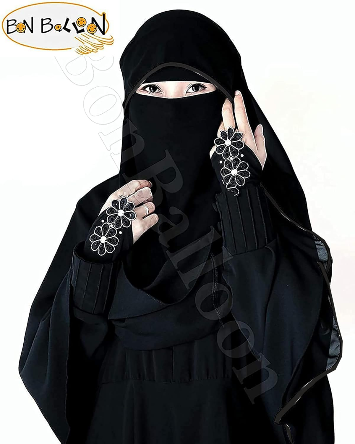 Chiffon Saudi First Class Quality Long Saudi Niqab Burqa Hijab Face Cover Veil Islam Islamic Jilbab (Black X Black Satin), Black X Black Satin