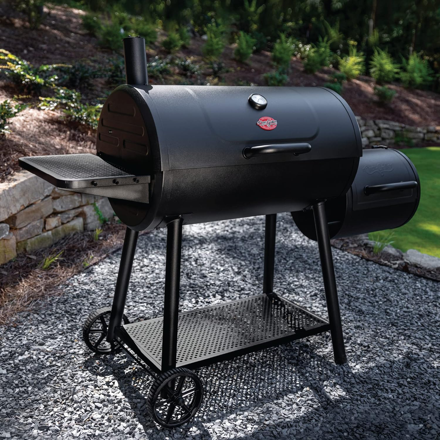 Char-Griller Smokin Champ Offset Smoker Steel BBQ Charcoal Grill and Barbecue Smoker Grill - Includes Side Fire Box Offset Smoker and Charcoal Basket with Dual Damper Smoke Control for Outdoor Cooking image number 5