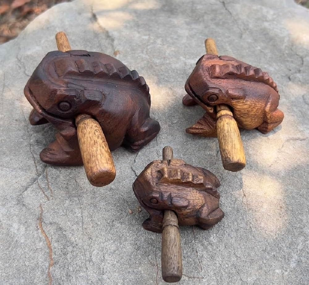 Brown Thai Percussion Instruments Wooden Frog 3 Pcs Set of 4 Inch Frog, 3 Inch Frog, 2.25 Inch Frog, Wooden Frog Musical Instrument Home Decor (Brown Color)