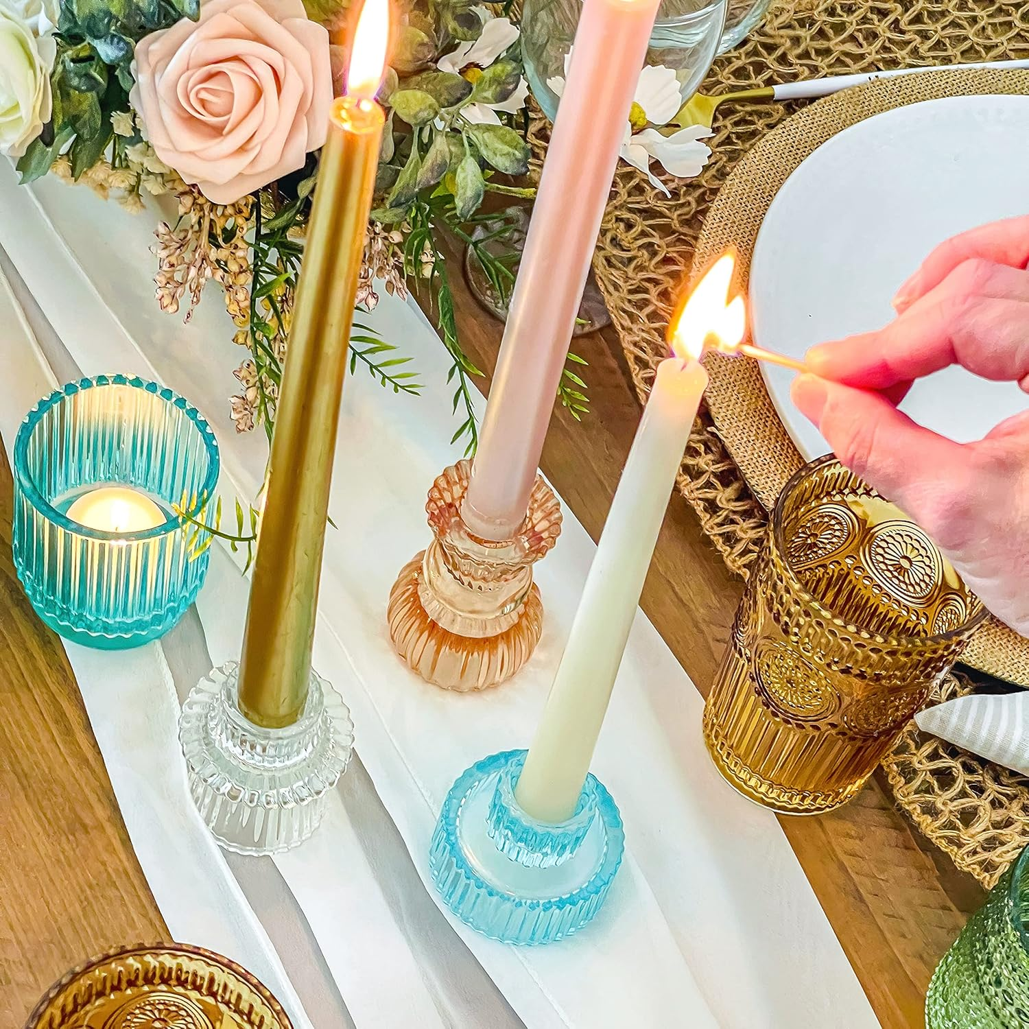 Kate Aspen Vintage Ribbed Rose Gold Pink Glass Candlestick Holders, Pillar Candle, Tealight & Votive Candle Holders (Set of 6, 3 Assorted Sizes), Dining Table Decor, Shelf Decor, Centerpiece image number 5