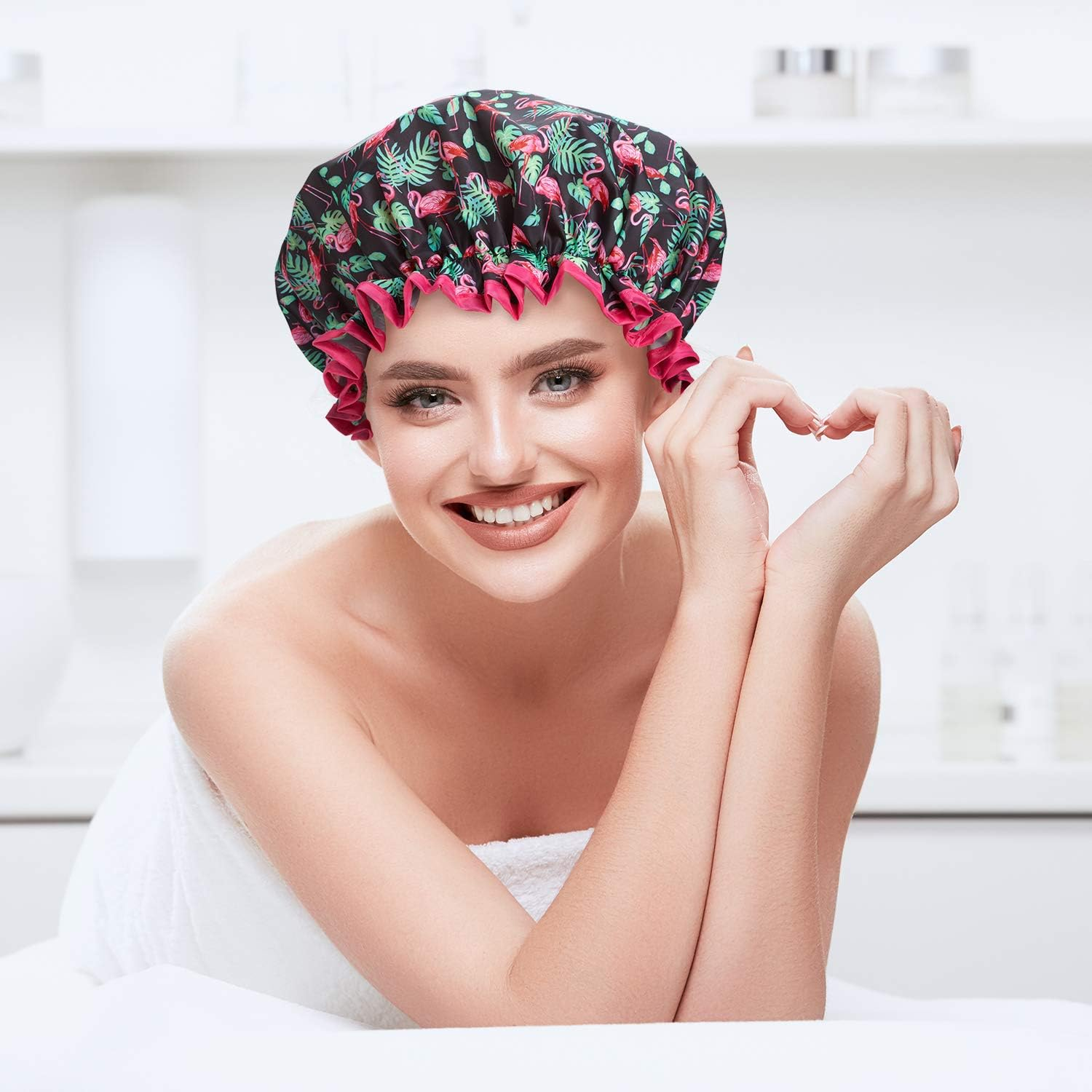 Bodylife Shower Cap Reusable Bath Cap Dual Layered Waterproof Flamenco Flamingo 27Cm image number 3