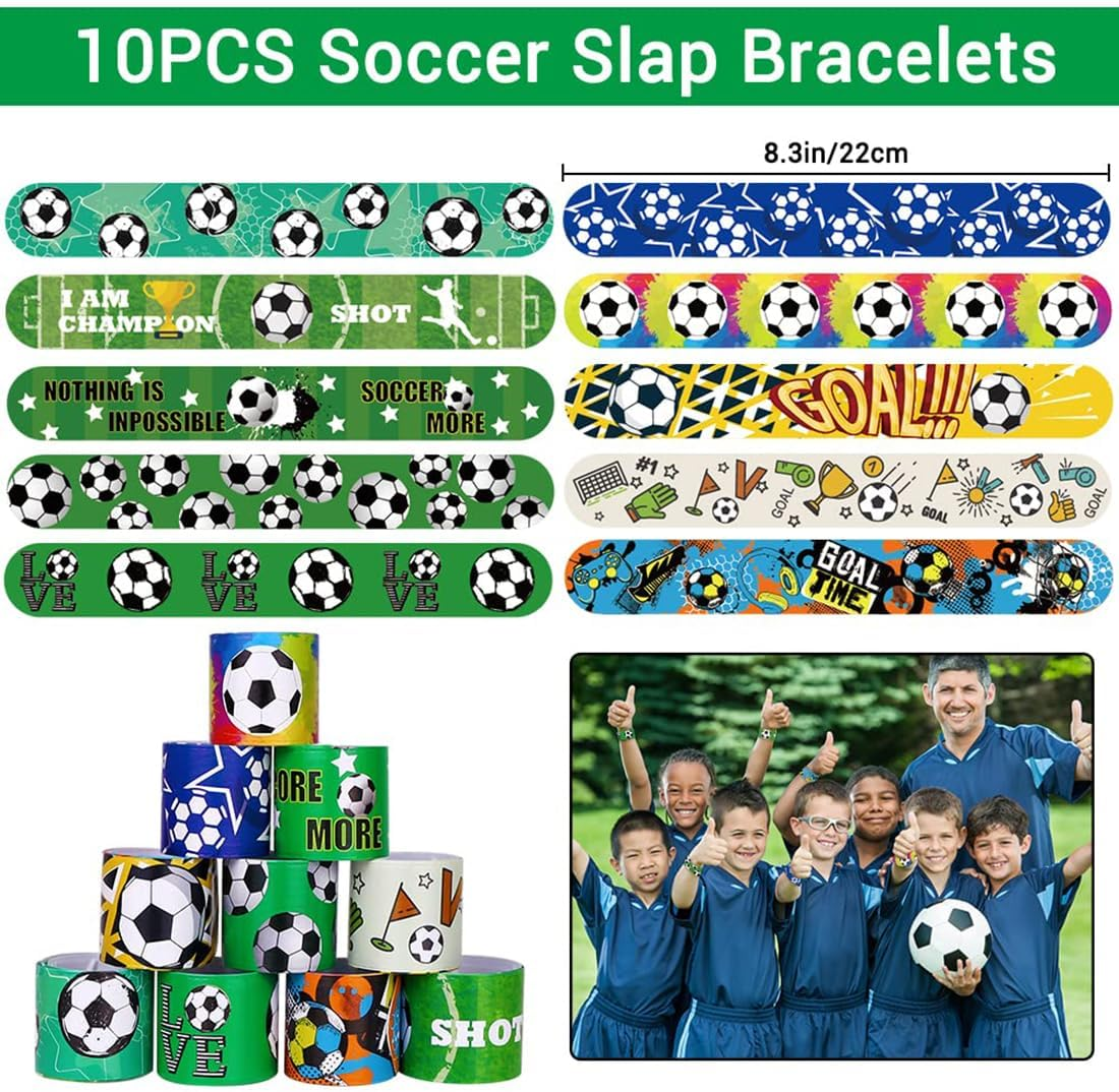 112 PCS Soccer Party Favors Set, Soccer Theme Party Supplies, Soccer Gifts Soccer Handbag Slap Bracelet Whistle Keychains Erasable Tattoos Stickers Gold Medal for Kids Party Favors image number 6