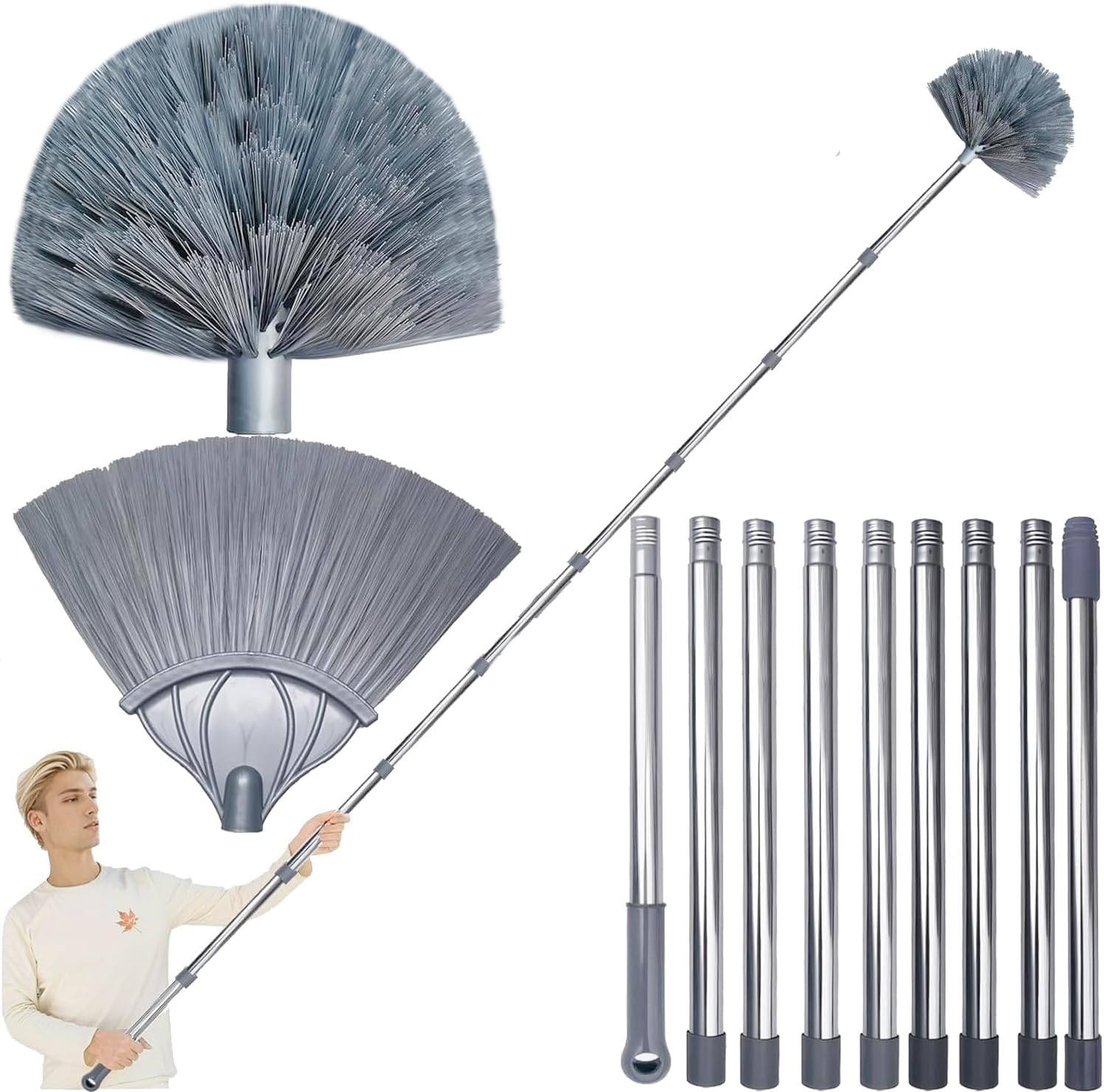 3-14 Ft Cobweb Duster with Extension Pole // 20 Foot High Reach Spider Web Cleaner Cobweb Brush for Outdoor & Indoor Web Cleaning