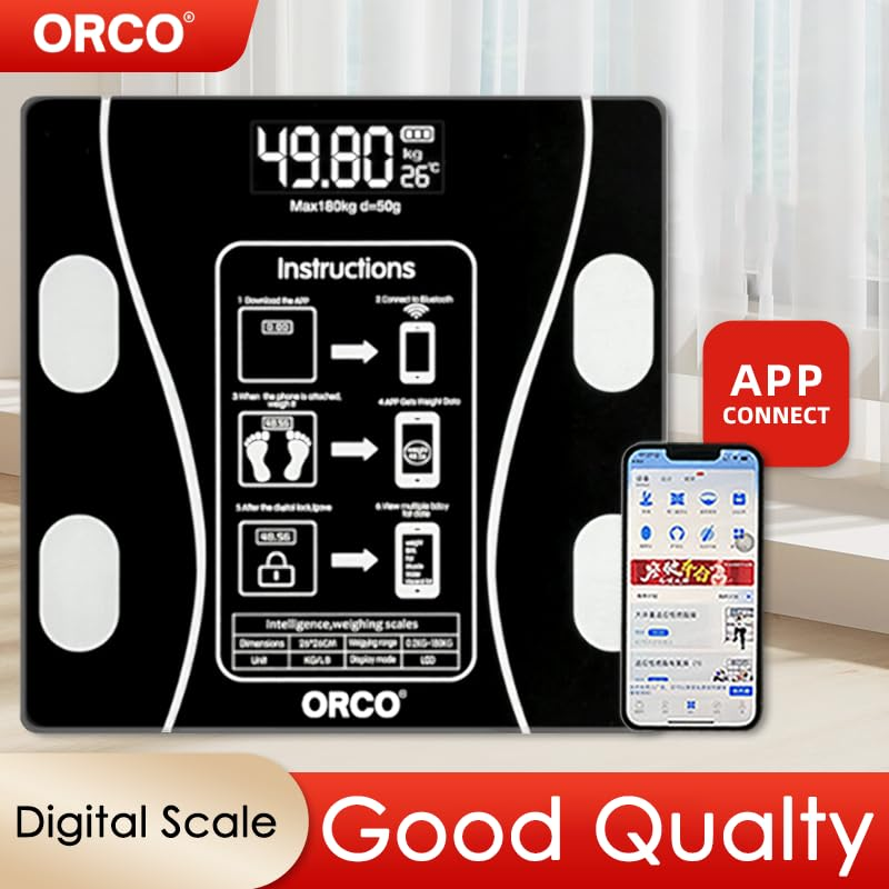 ORCO Digital Smart Body Scale, Bluetooth Bathroom Weight Scale with LCD Display, Tracks BMI, Fat, Muscle Mass, Water Percentage%, Tempered Glass Platform, 180Kg Capacity image number 3