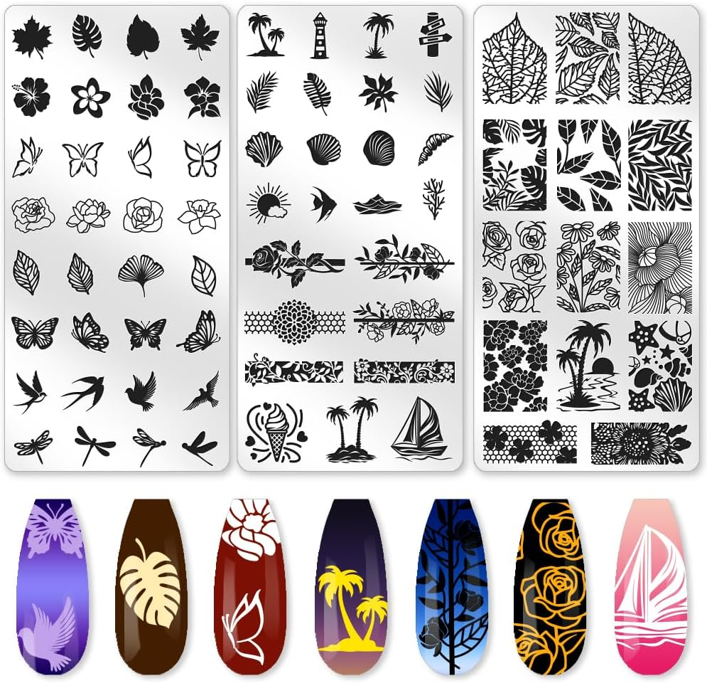 Beinkmake 3Pcs Floral Leaves Nail Stamping Plate Set Lace Seaside Nail Stamp Templates French Tip Nail Art Stamp Plates Butterfly Image Plate Reusable Tools with Stamper Scraper for Manicure Printing