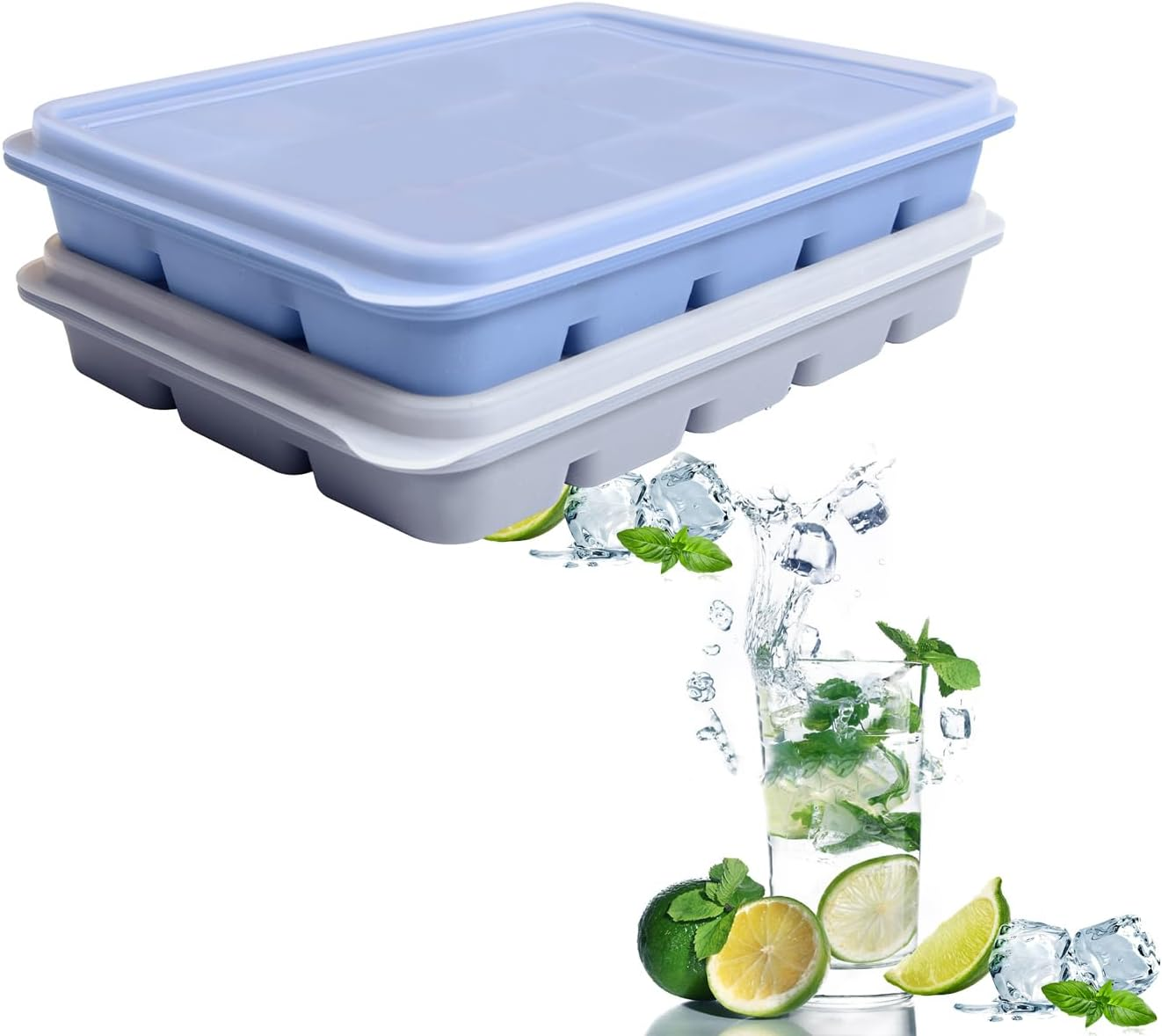 Ice Cube Trays Set of 2, Easy Release 15 Flexible Silicone Ice Cube Molds with Removable Lid Reusable Freezer Ice Trays Stackable for Whiskey, Baby Food, BPA Free (Bamboo Green)