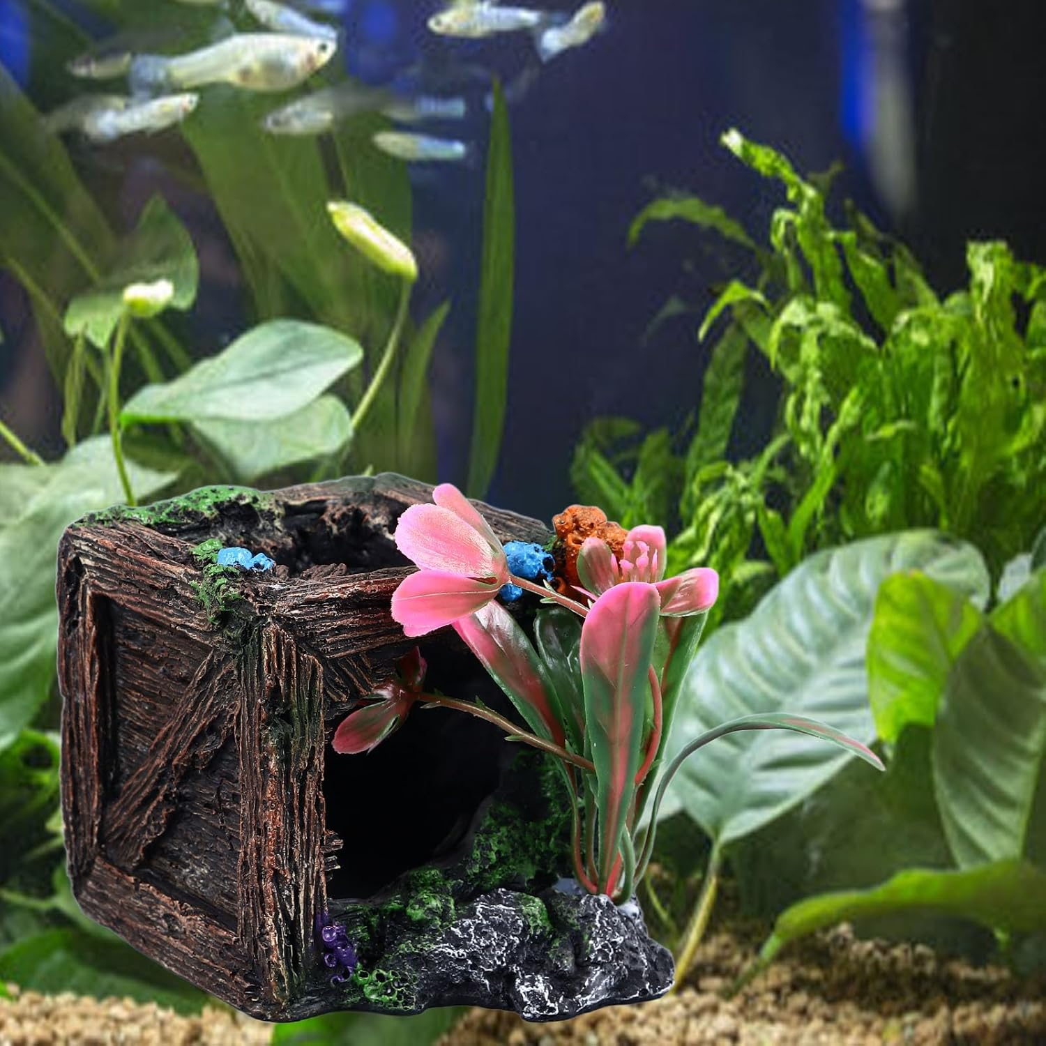 Aladeno Wooden Crate Aquarium Decorations Fish Tank Decoration Hideout for Fish Shrimp Hollow Scenic Aquarium Accessories Vivid Underwater Aquarium Decorations Suitable For image number 6