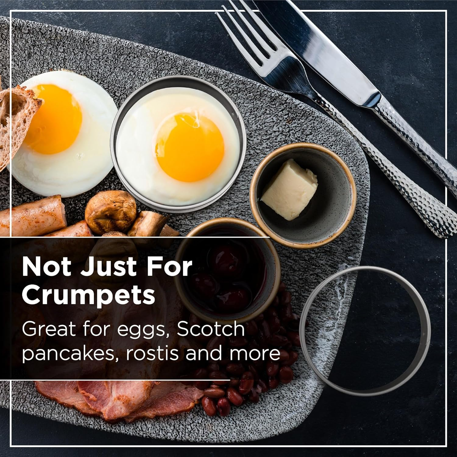 Crumpet Rings Nonstick 3.5" - English Muffin Rings for Fluffy Muffins - Set of 4 Crumpet Molds &ndash; Metal Baking Rings - No Leak Sturdy Egg Ring Set - Made in the UK image number 2