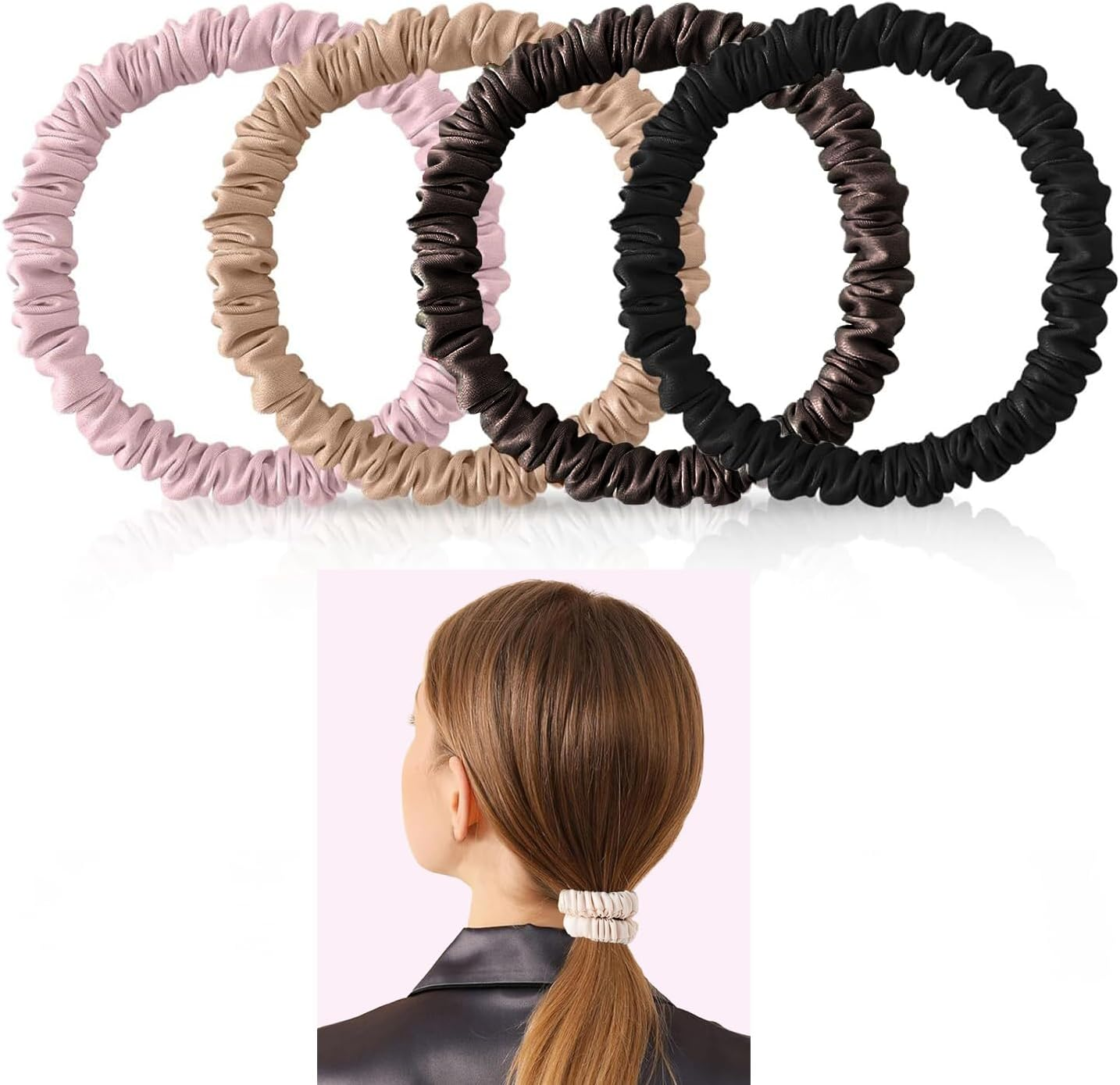 4 Pcs Silk Scrunchie,Pure Mulberry Silk Scrunchie-Frizz & Breakage Prevention-Hair Care Ponytail Holders for Women,Small Slim Hair Tie Curly Hair Luxurious Elastic Scrunchies Set image number 1