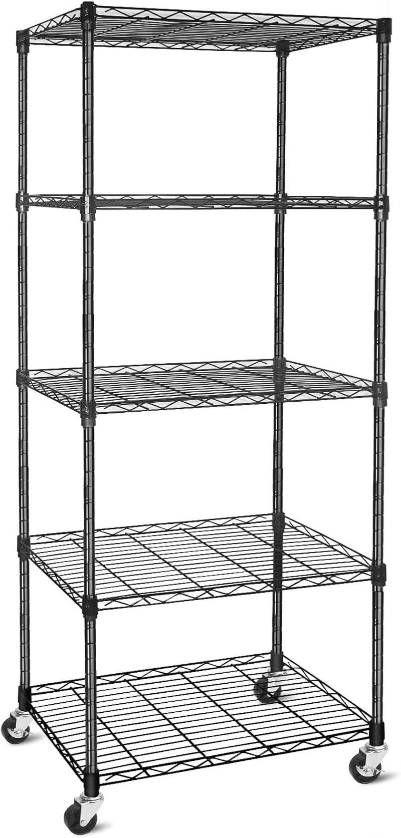 5-Shelf Adjustable,Heavy Duty Storage Shelving Unit on Wheel Casters,Shelves for Storage Wire Shelving,Modern Style,Black (23.7L X 13.7W X 61H) image number 1