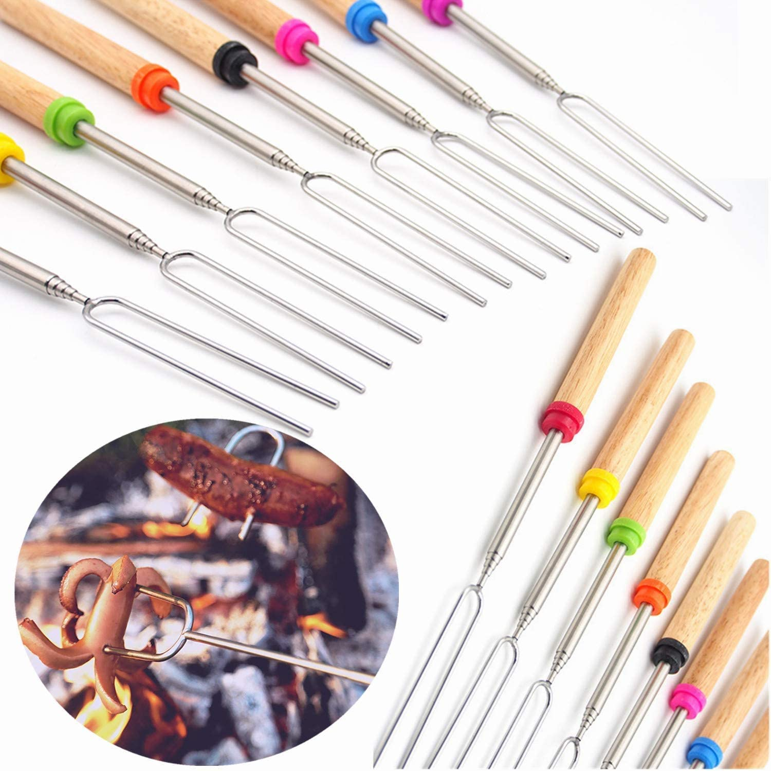 Marshmallow Roasting Sticks with Wooden Handle Extendable Forks Set of 8Pcs 32Inch Telescoping Marshmallow Skewers Campfire Stove BBQ Tools image number 3