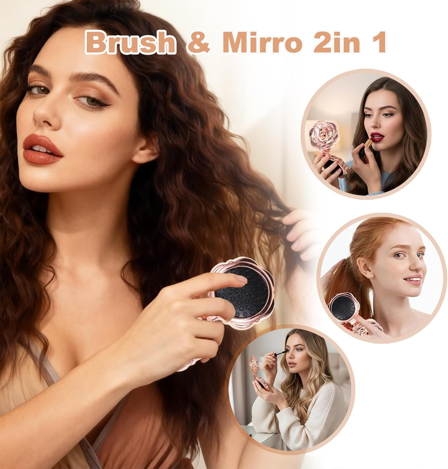2 Pcs Travel Folding Hair Brush for Women, Rose Gold Small Hair Brush for Purse, Compact Mini Hairbrush with Mirror, Portable Pocket Hairbrush for Women Girls Wet and Dry Hair