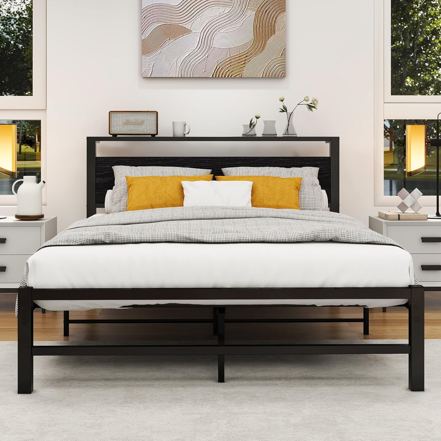 Double Size Metal Platform Bed Frame with Storage Headboard, Bed Frame Double Size No Box Spring Needed, Sturdy Steel Slat, Easy Assembly, Non-Slip Noise Free, Black image number 1
