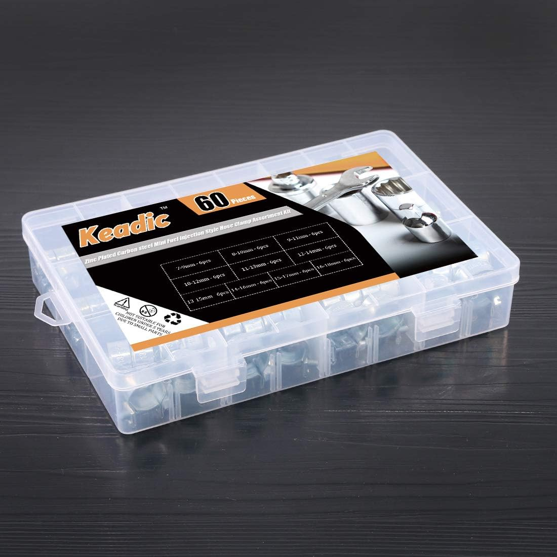 Keadic 60Pcs 10 Sizes Adjustable Zinc Plated Carbon Steel Mini Fuel Injection Style Hose Clamp Assortment Kit for Various Diesel Petrol Pipe image number 5