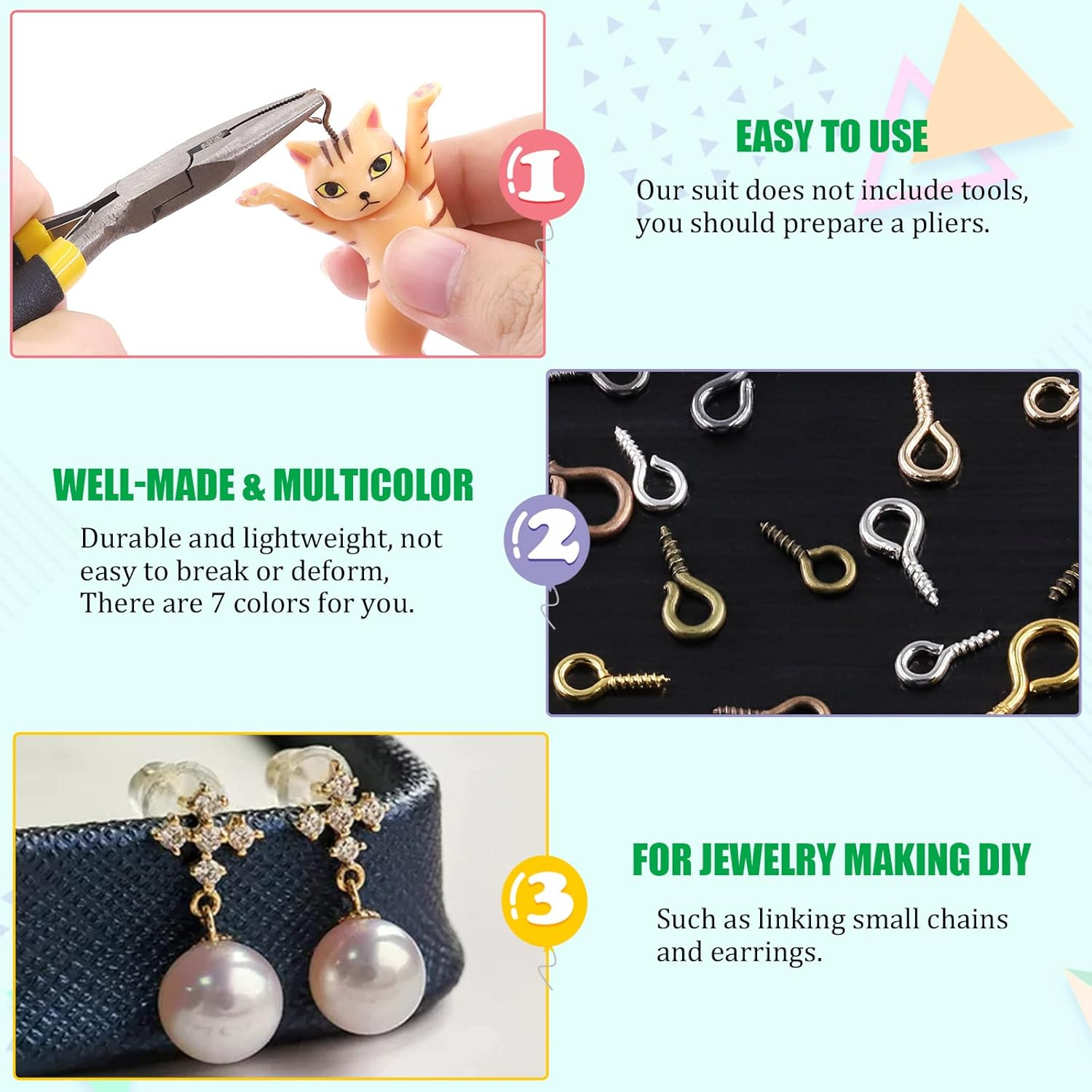 Keadic 1610Pcs 7 Color Small Screw Eye Pins Size Assorted Set, Metal Mini Eyelet Screw Threaded Clasps Hooks for DIY Charm Pendants Jewelry Making (0.16&rdquo; X 0.32&rdquo;, 0.2&rdquo; X 0.39&rdquo;, 0.24&rdquo; X 0.5&rdquo;) image number 3