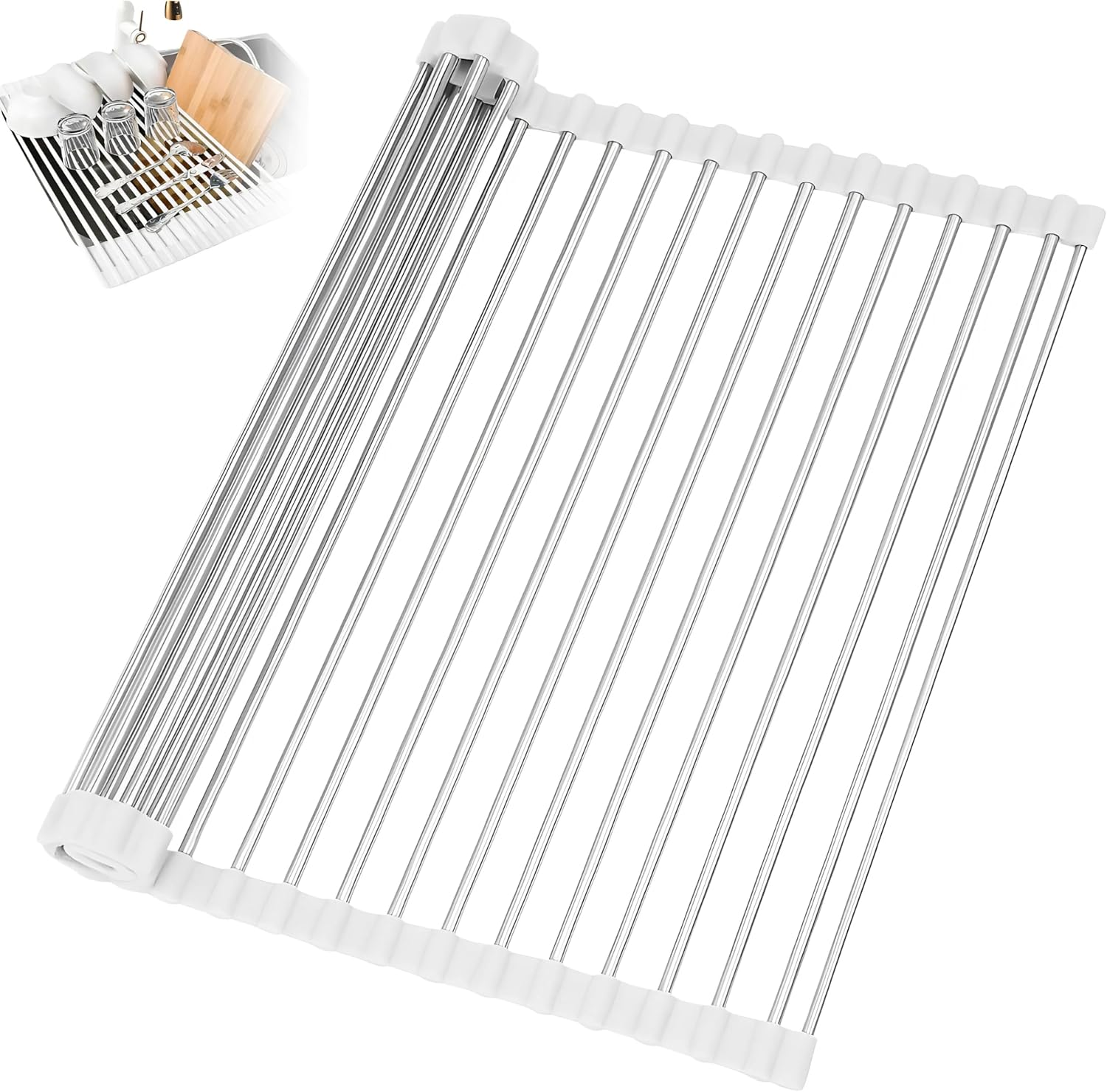 Spendeal over Sink Dish Rack Multipurpose Foldable Anti-Rust Roll up Dish Drying Rack Cover Kitchen Sink Accessories Gadget (White, Large - 20.5" X 13.1") image number 3