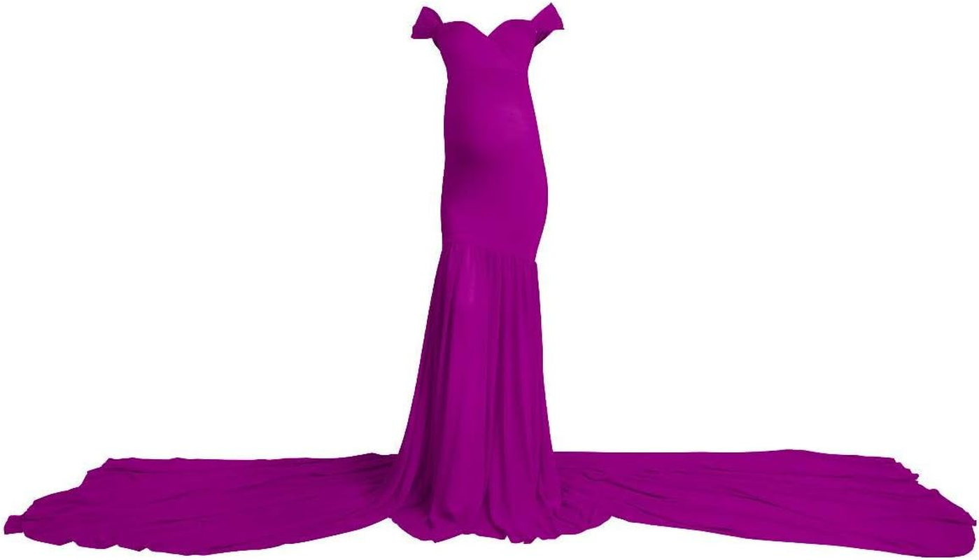 IWEMEK Women Maternity Dress for Photography Mermaid off Shoulder Slim Fitted Chiffon Gown Flowy Baby Shower Maxi Photo Props Dress image number 2