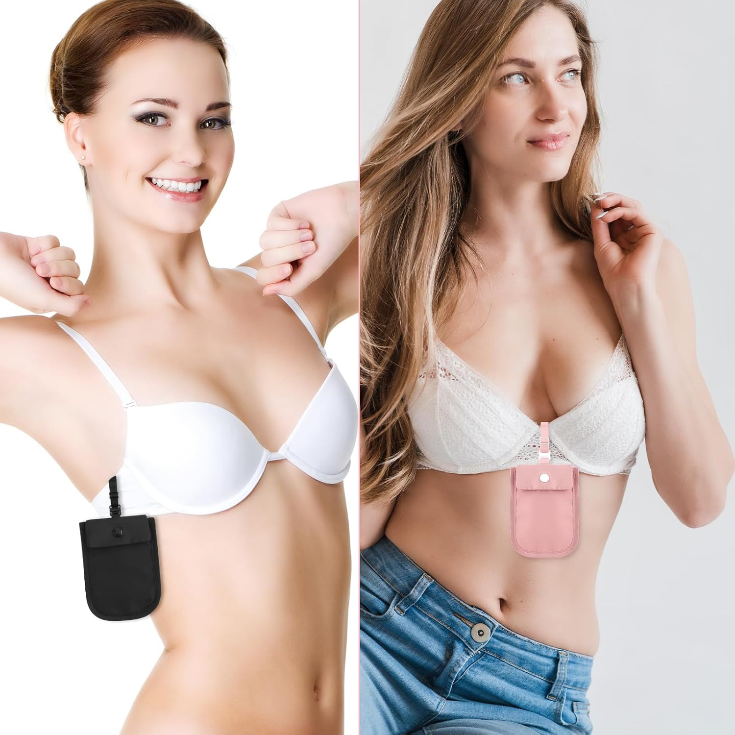 Ahqizfx 2 Pcs Travel Bra Wallet for Women, Hidden Undercover Travel Bra Wallet, Washable Bra Wallet, Secret Stash Pocket for Credit Cards, Money, Valuables with Adjustable Elastic Strap (Pink, Black), image number 3