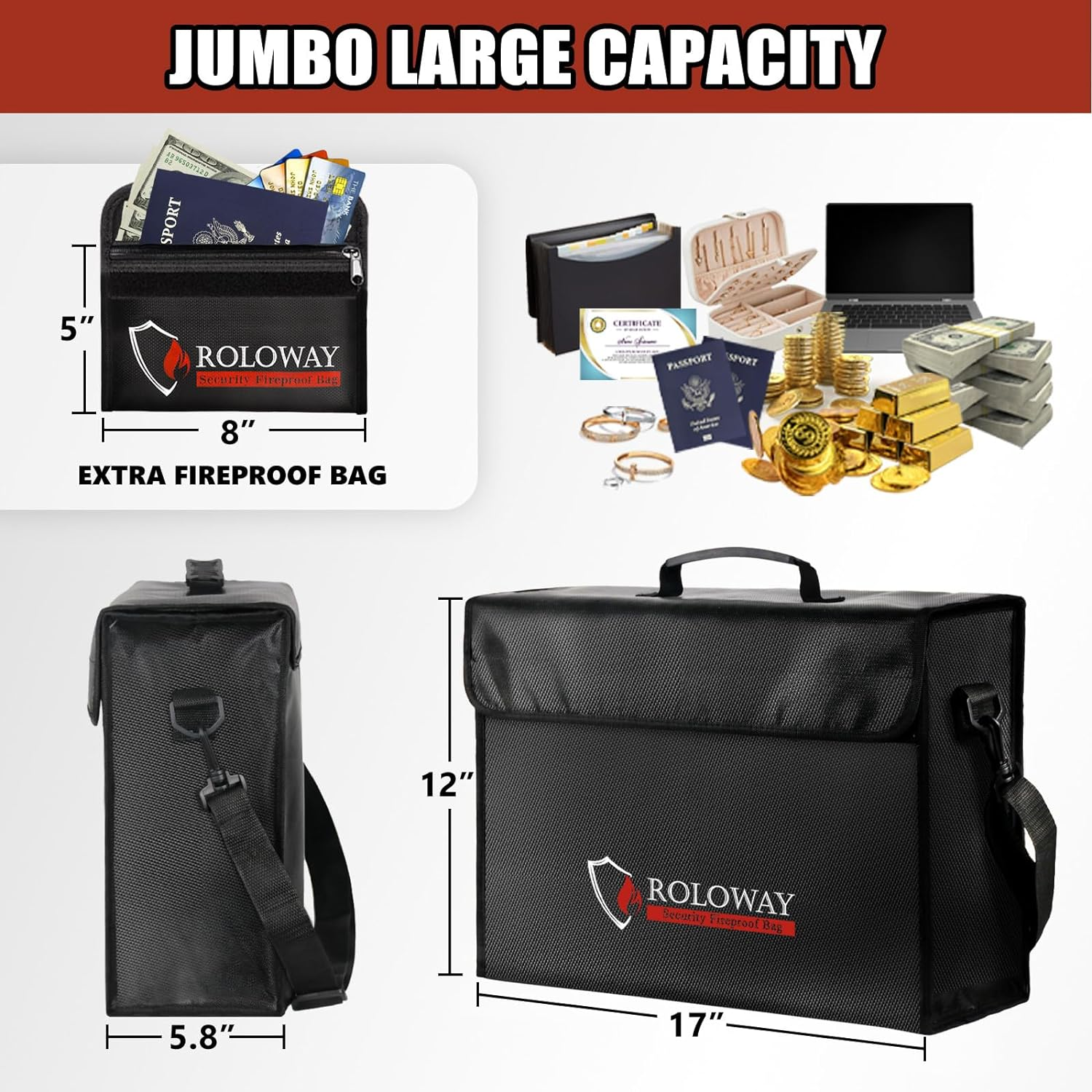 ROLOWAY Large Fireproof Bag 5200&deg;F Heat Insulated (17 X 12 X 5.8 Inches), Fireproof Document Bag with Fireproof Money Bag for Cash Safe, Fireproof Document Box, Fireproof Safe Bag for Document Safe