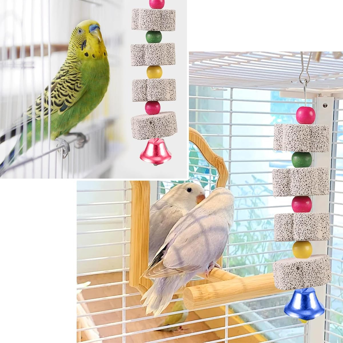 Ruayia Bird Chew Toy, 2 Pieces Birdbeak Whetstone with Bell, Parrot Beak Whetstone for Cockatoo Budgie Parakeet Cockatiel Lovebird, Hanging Swing Bird Cage Accessories image number 5