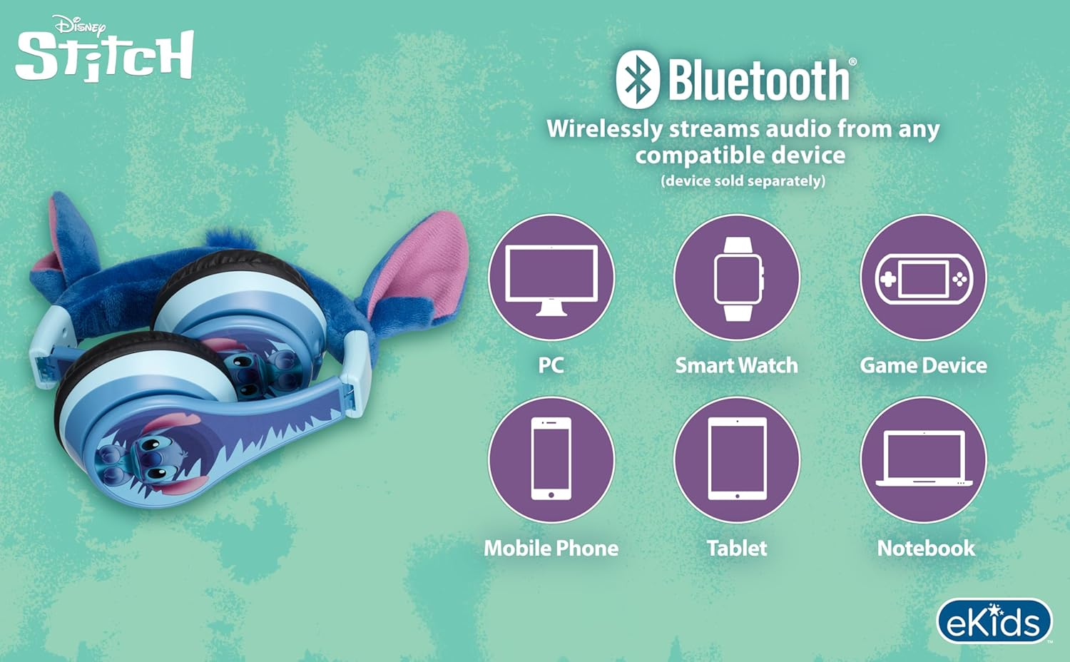 Ekids Disney Stitch Bluetooth Headphones Wireless Headphones with Mic Included Aux Cable - Foldable Headphones for Children for School, Home or Travel