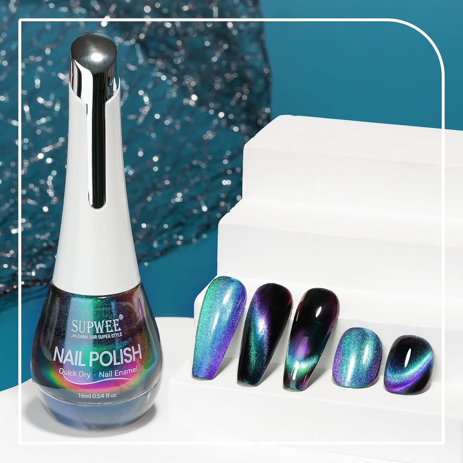 SUPWEE 9D Cat Eye Nail Polish - 16Ml Air Dry Magnetic Nail Polish with Magnet Stick, Holographic Galaxy Effect Chameleon Color Easily DIY Unique Nails Art image number 2