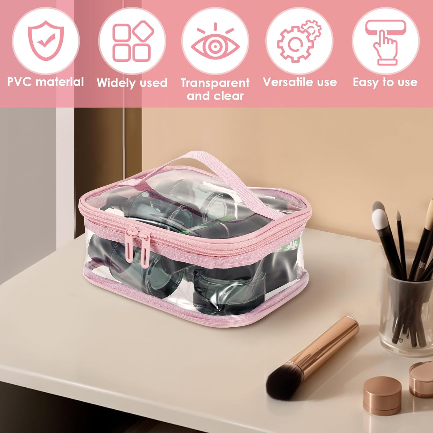 Makeup Bag Clear Toiletry Bag Travel Essentials Cosmetic Bag for Women Portable Traveling Carry on Airport Airline Compliant Bag (Pink) image number 6