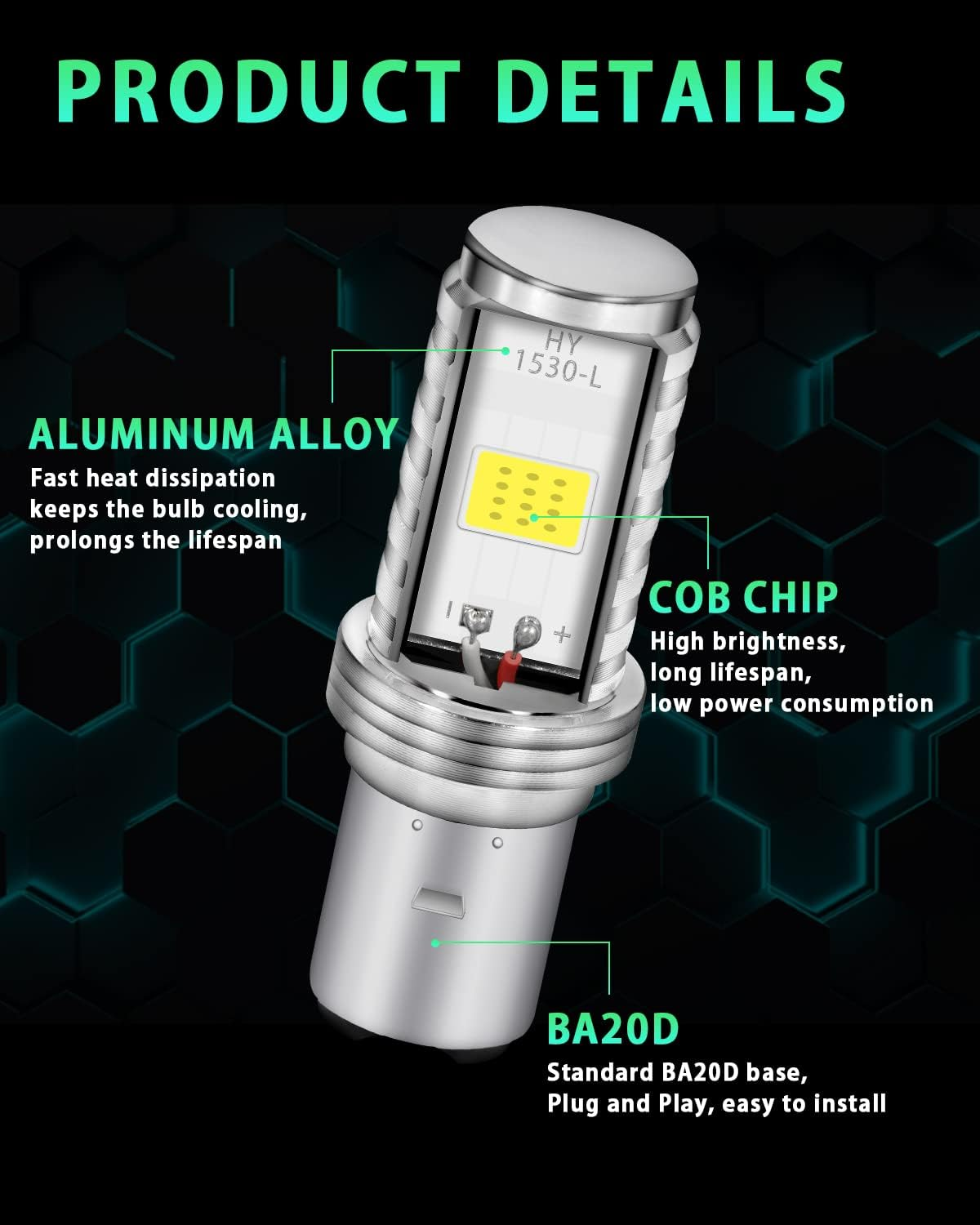 Grandview BA20D LED Bulbs, 2Pcs White BA20D Motorcycle Front Headlight Bulbs, H616 High/Low Beam COB Motorcycle LED Headlight Bulbs (DC 9-80V) image number 4