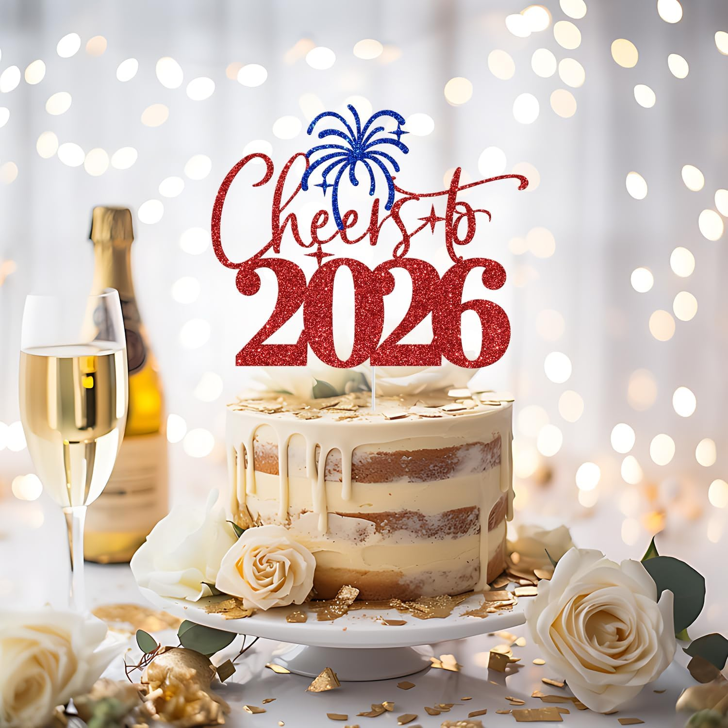 Cheers to 2025 Cake Topper, Happy New Year Cake Picks, Welcome 2025, New Year'S Eve/Christmas/Happy Holiday Party Decoration Supplies, Red & Blue Glitter image number 2
