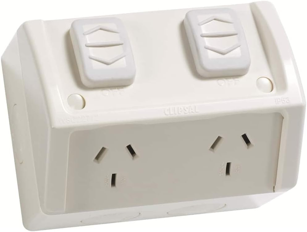 Clipsal 10A 250V Weather Proof Twin Switch Socket Outlet, Resistant Grey image number 1